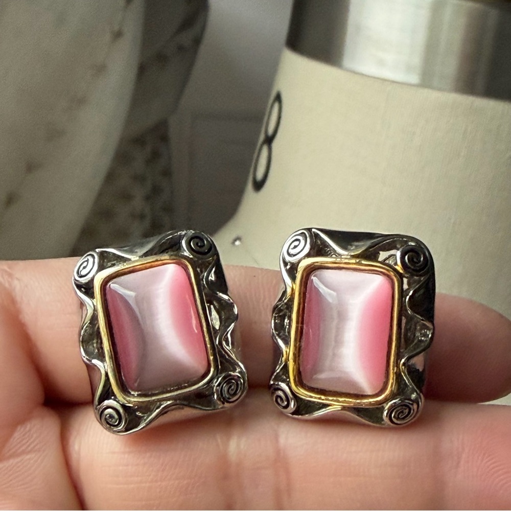 VINTAGE | Large Pink Cabochon Rectangle Two-Tone Silver Gold Clip On Earrings